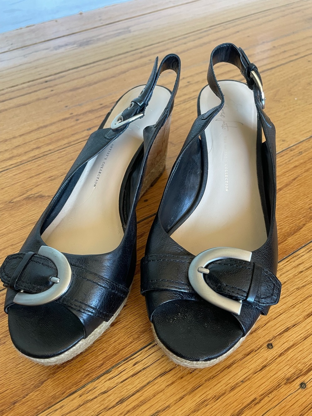 Black Leather Slingback Wedge Sandals with Buckle
